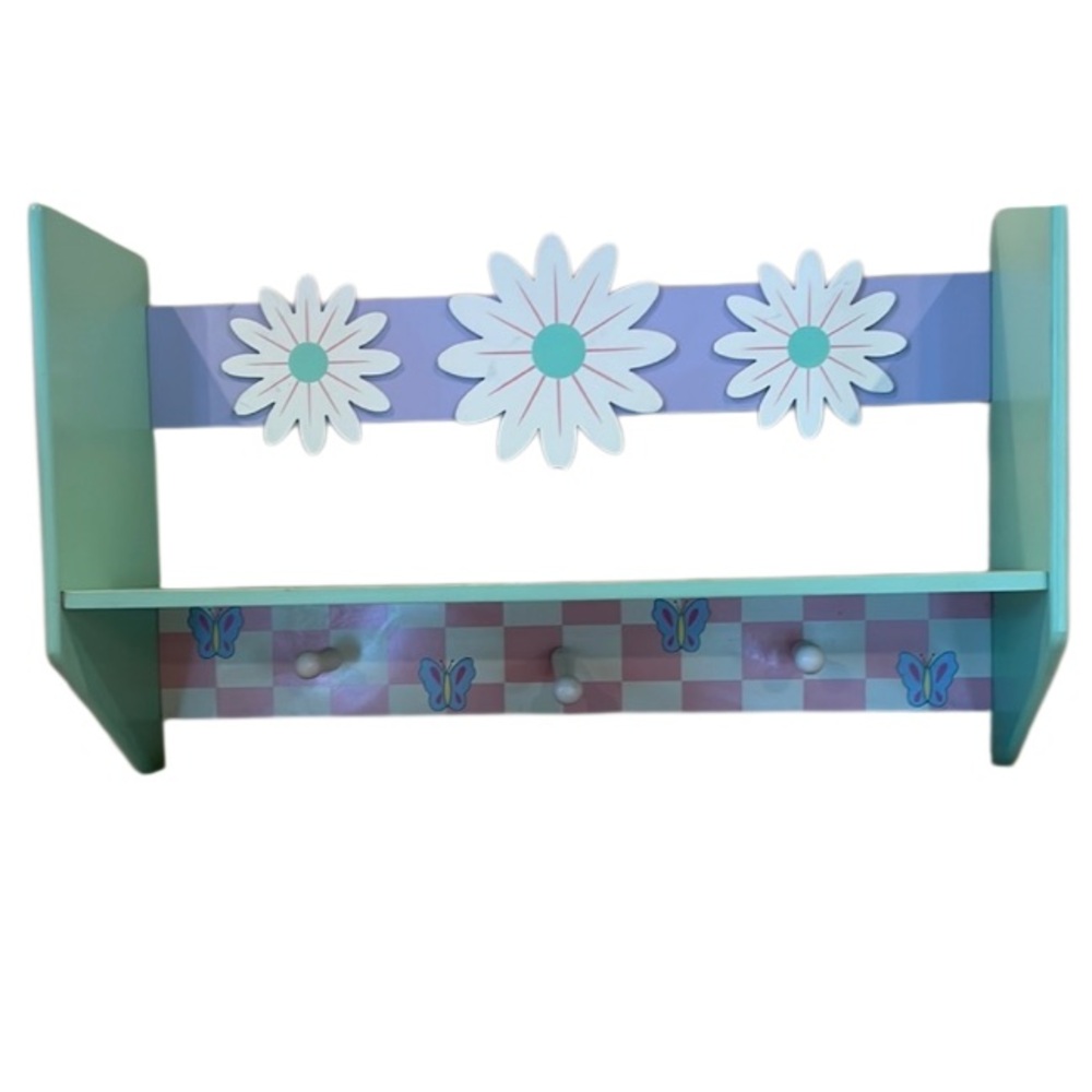 Y2K wooden shelf pegs butterflies cottagecore flowers purple pink green white